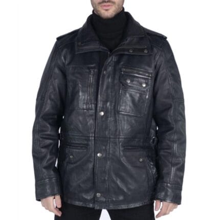 Giacca da uomo in vera pelle, vestibilità 3/4, stile safari, colore nero militare - Knighthood Store