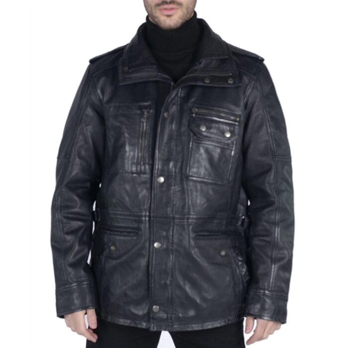 Giacca da uomo in vera pelle, vestibilità 3/4, stile safari, colore nero militare - Knighthood Store