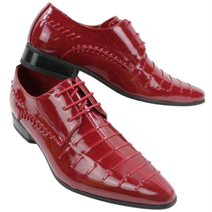 Mens Italian Design Black Red Laced Leather Shiny Patent Shoes Smart Casual - Knighthood Store