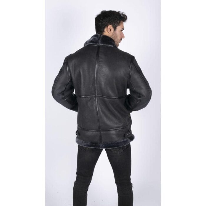 Mens Genuine Sheepskin Leather B3 Flying Aviator Jacket Black Grey Fur - Knighthood Store