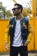 Men's Navy Blue Genuine Leather Bomber Jacket Baseball Letterman Coat - Image 2