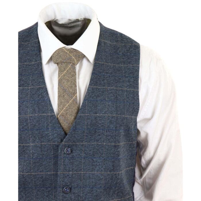 Abito da uomo a tre pezzi a quadri blu, in tweed a spina di pesce, vestibilità vintage, su misura, in velluto grigio - Knighthood Store