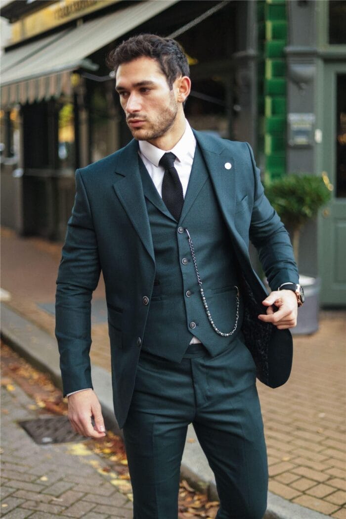 3-teiliger Herrenanzug, klassischer Prince of Wales-Karo, Olivgrün, für Hochzeit, Büro, Retro – Knighthood Store