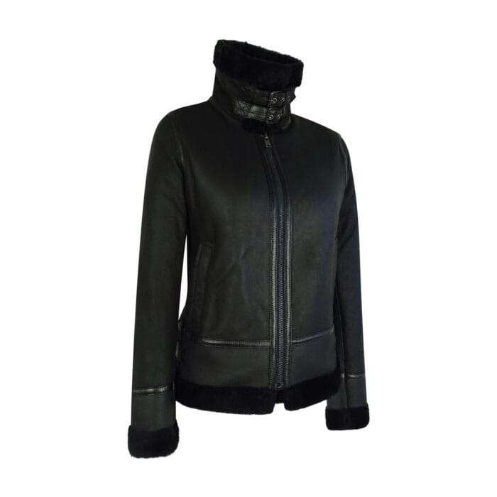 Womens Classic Black Real Sheepskin Zip Flying Jacket B3 Pilot Coat Tailored Fit - Knighthood Store