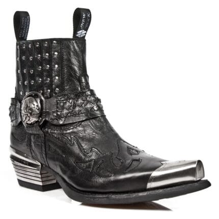 New Rock 7950P-S1 Black Leather Military Cowboy Boots Metal Toe Heel Biker Rock - Knighthood Store
