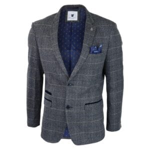 Blazer da uomo a quadri blu, in tweed a spina di pesce, vestibilità vintage su misura, in velluto grigio - Knighthood Store