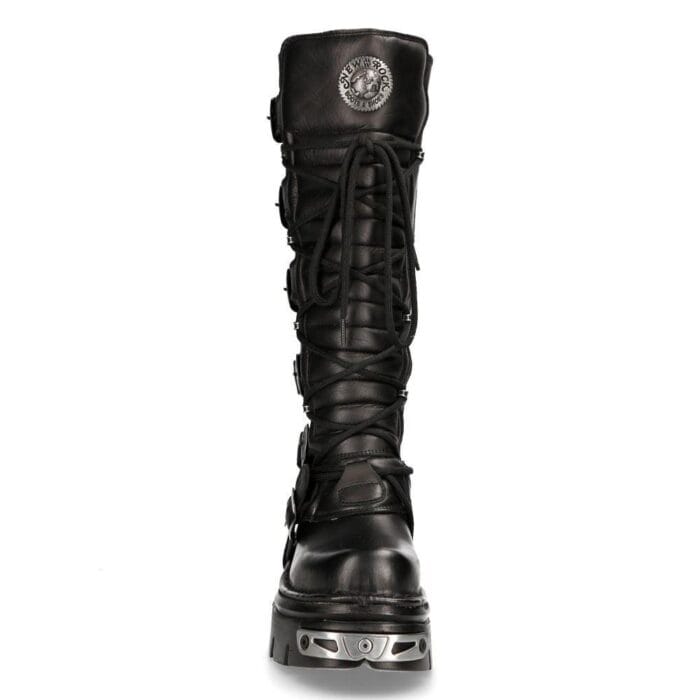 New Rock 272 Metallic Schwarz Goth Kniehohe Stiefel mit Reißverschluss und Schnalle aus Leder Punk Emo - Knighthood Store