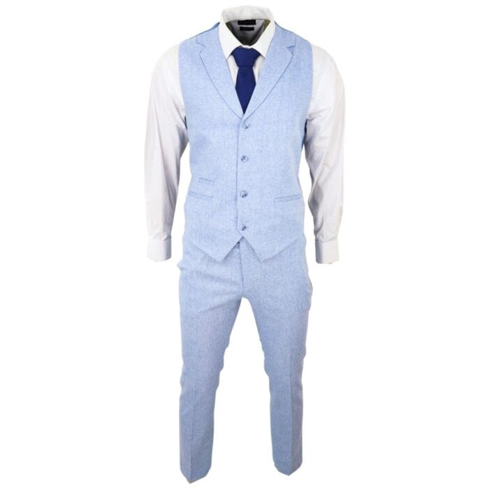 Abito estivo da uomo con gilet, pantaloni, lino, elegante, formale, celeste, da sposa - Knighthood Store