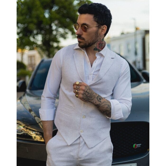 Mens Summer Suit Waistcoat Trousers Linen Smart Formal Light Grey Wedding - Knighthood Store