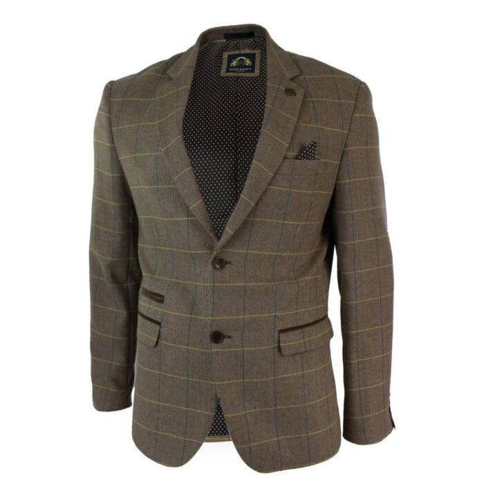 Giacca blazer aderente in tweed a spina di pesce vintage a quadri da uomo, marrone chiaro - Knighthood Store