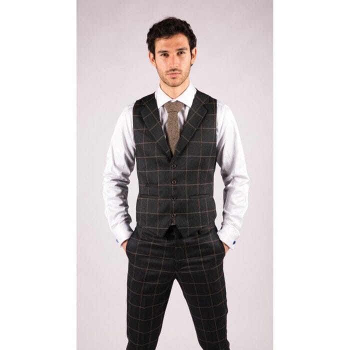 Mens Blue 3 Piece Suit Tan Check Classic Wedding Prom Peaky Tweed Vintage - Knighthood Store