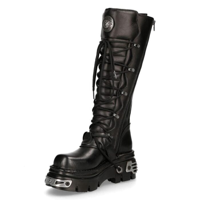 New Rock 272 Metallic Schwarz Goth Kniehohe Stiefel mit Reißverschluss und Schnalle aus Leder Punk Emo - Knighthood Store