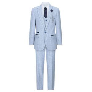 Boys 3 Piece Check Suit Tweed Light Blue Tailored Fit Wedding Peaky Classic - Knighthood Store