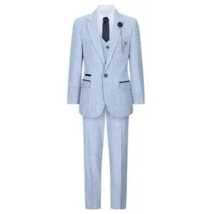 Boys 3 Piece Check Suit Tweed Light Blue Tailored Fit Wedding Peaky Classic - Knighthood Store