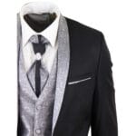 Costume de mariage 4 pièces pour homme, col châle, style vintage, noir et argent, avec cravate - Knighthood Store