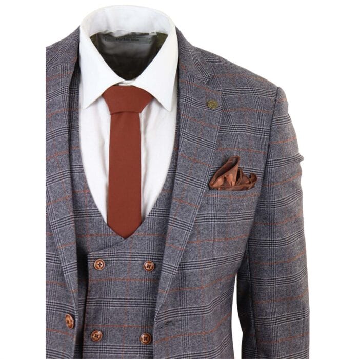 Traje de tweed gris de tres piezas, cuadros Príncipe de Gales, corte entallado y chaleco cruzado - Knighthood Store