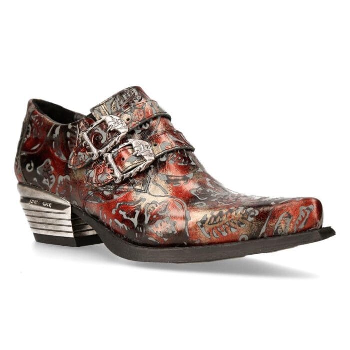 Chaussures New Rock 7960-S5 en cuir noir vintage à fleurs rouges et motif cachemire style western - Knighthood Store