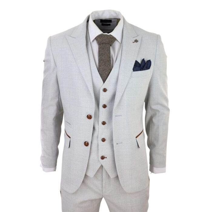 Mens Grey Stone 3 Piece Tweed Check Suit Wedding Prom Tailored Fit Brown Trim - Knighthood Store