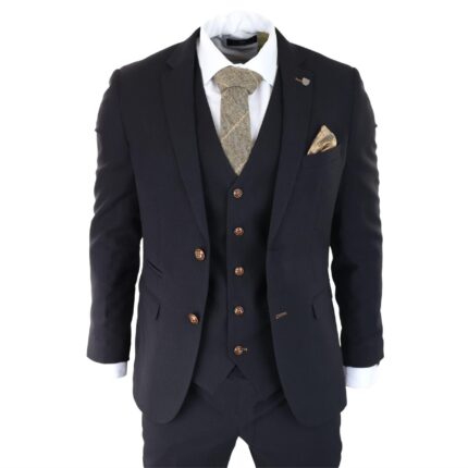 Mens Black 3 piece Suit Brown Trim Classic Birdseye Vintage Wedding Grooms - Knighthood Store