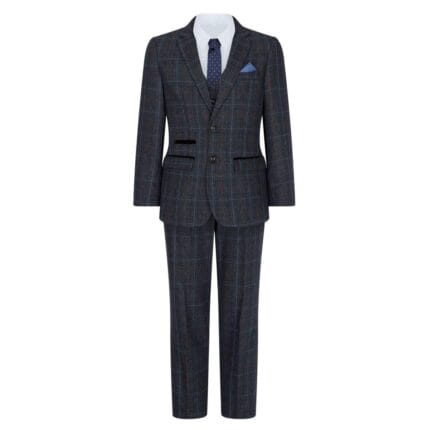Boys Navy Blue 3 Piece Tweed Suit Herringbone Wine Vintage Retro - Knighthood Store