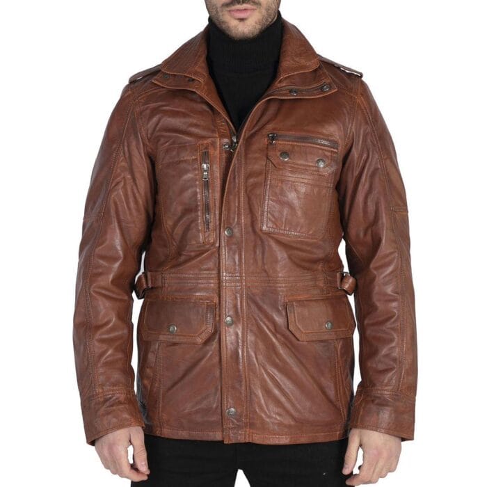 Giacca da uomo in vera pelle, vestibilità 3/4, stile safari, colore nero militare - Knighthood Store