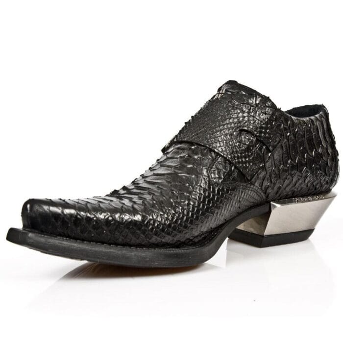 Botas de tacón de acero New Rock 7934-S2 con hebilla de piel de pitón negra en relieve - Tienda Knighthood