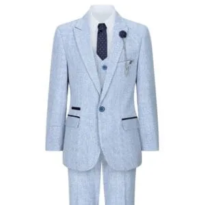 Boys 3 Piece Check Suit Tweed Light Blue Tailored Fit Wedding Peaky Classic - Knighthood Store