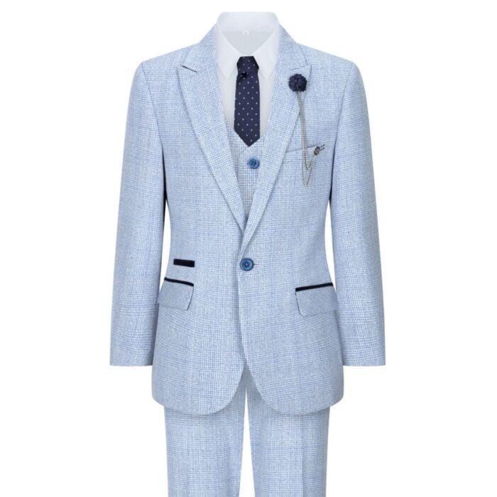Traje de 3 piezas a cuadros para niño, tweed azul claro, corte entallado, para boda, clásico, estilo Peaky - Knighthood Store