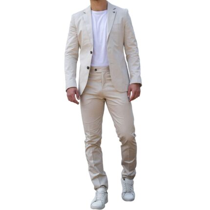 Mens 2 Piece Summer Suit Beige Office Wedding Smart Casual Classic Italian Tailored Fit - Knighthood Store