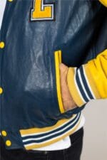 Men's Navy Blue Genuine Leather Bomber Jacket Baseball Letterman Coat - Image 5