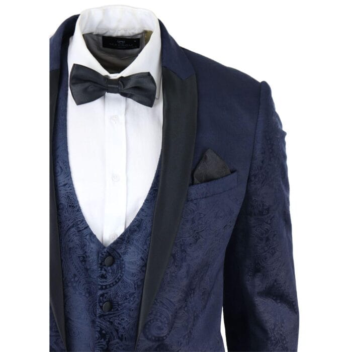 Herrenanzug Marc Darcy Samt Paisley Blau Passform 3-teilig Smoking Smoking Hochzeit - Knighthood Store
