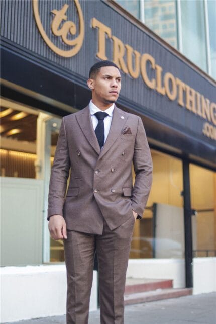 Men's Brown Suit 2 Piece Double Breasted Check Formal Dress - Knighthood Store