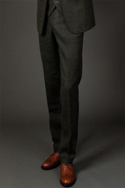 Men's Trousers Wool Blend Olive Green Herringbone Check Tweed Formal Pants - Knighthood Store