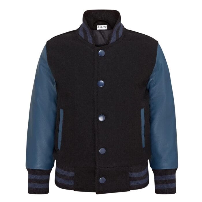 Kids Black Navy Varsity Bomber Jacket Wool Body Real Leather Sleeves - Image 1