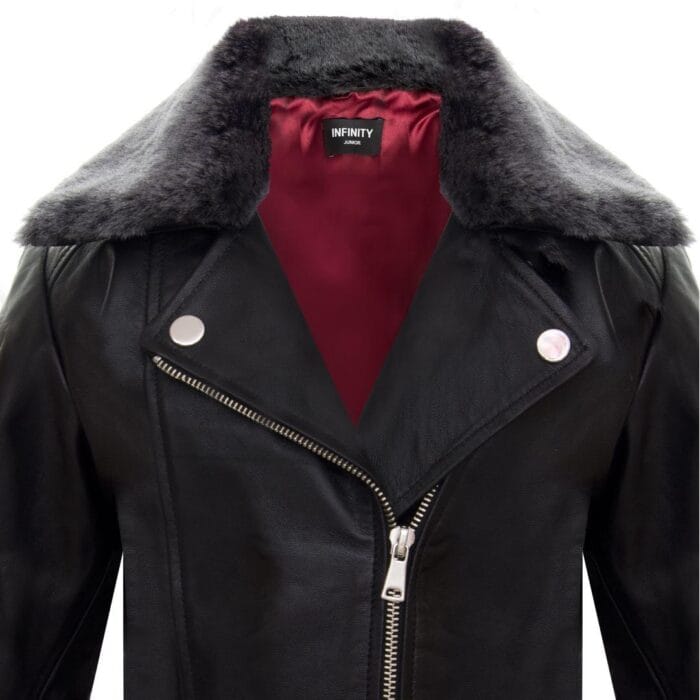 Chaqueta de motociclista de cuero auténtico para niñas y niños, con cremallera cruzada y cuello de piel negra, de 1 a 13 años - Knighthood Store