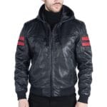 Herren Bomberjacke aus echtem Leder mit blau-schwarzer Kapuze, roten Streifen, gesteppt, Slim Fit, lässig - Knighthood Store