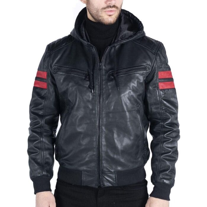 Herren Bomberjacke aus echtem Leder mit blau-schwarzer Kapuze, roten Streifen, gesteppt, Slim Fit, lässig - Knighthood Store