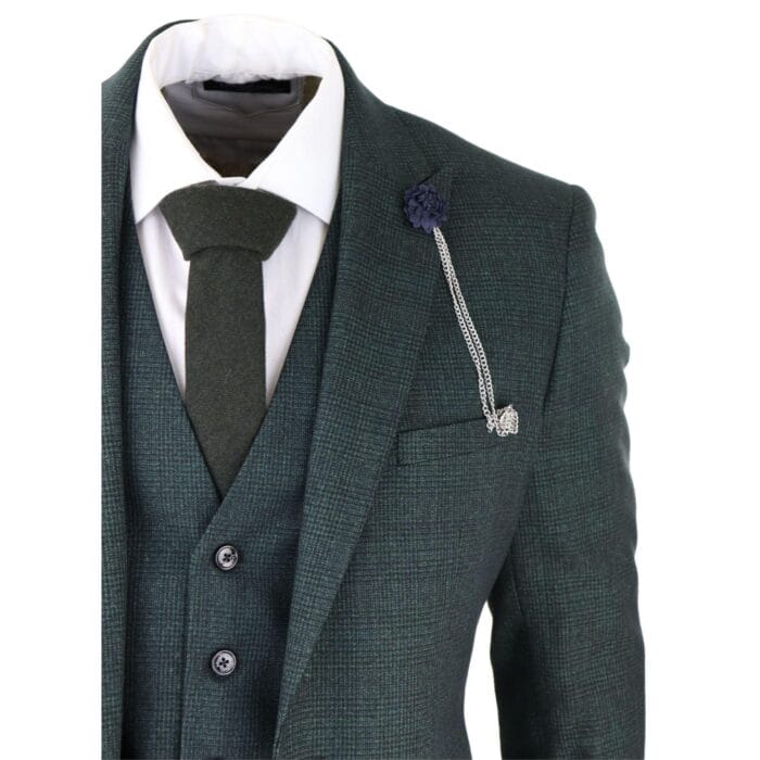 Abito da uomo a tre pezzi a quadri in tweed verde oliva, vestibilità su misura, stile classico Peaky - Knighthood Store