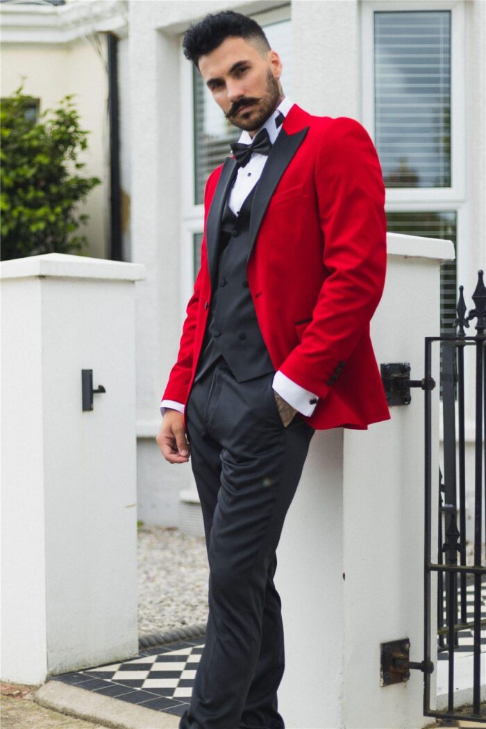 Mens Red Velvet Tuxedo Blazer Satin Peak Lapels Dinner Jacket Wedding Prom Black Tie - Knighthood Store