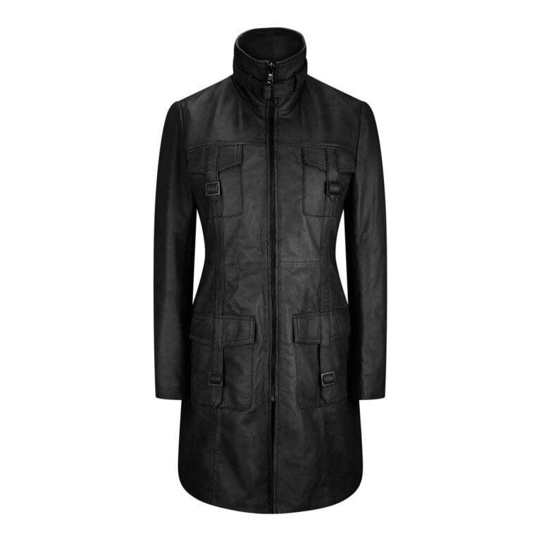 Trench-coat vintage en cuir véritable noir et beige pour femme - Knighthood Store