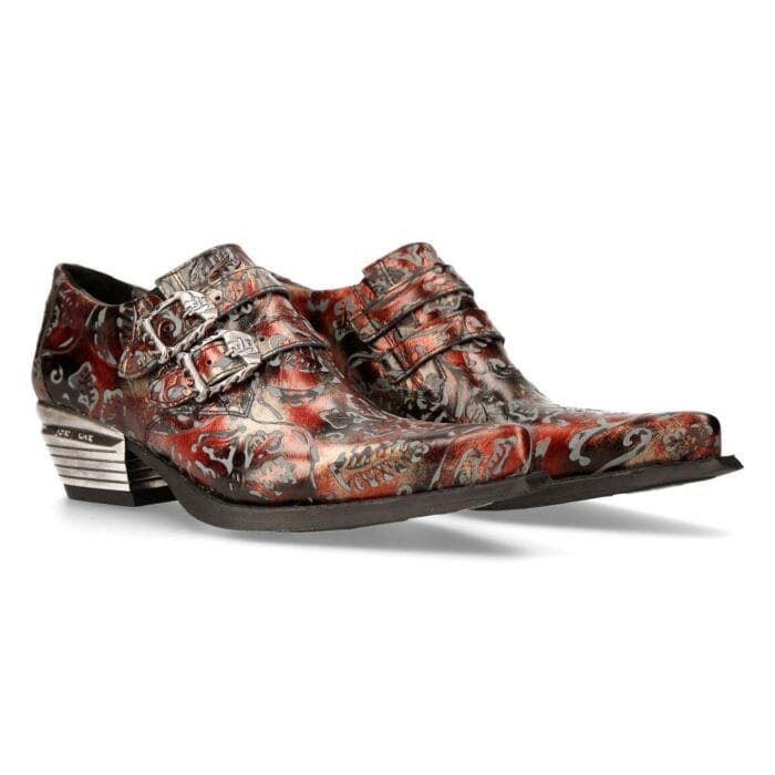 Chaussures New Rock 7960-S5 en cuir noir vintage à fleurs rouges et motif cachemire style western - Knighthood Store