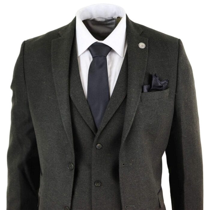 Abito da uomo in lana 3 pezzi, tweed, verde oliva e nero, vestibilità classica su misura - Knighthood Store