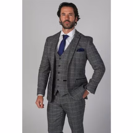 Men's Grey Suit Tweed Herringbone 3 Piece Wool Blend Formal Dress Suits - Knighthood Store