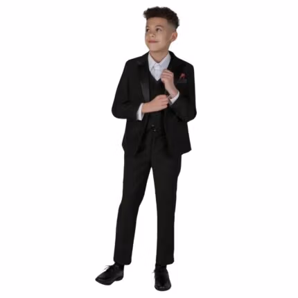 Boys 3 Piece Black Classic Satin Tuxedo Dinner Suit Wedding - Knighthood Store
