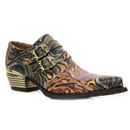 New Rock M-7960-s14 Embossed Vintage Shoes Black Leather Buckle Steel Heel - Knighthood Store
