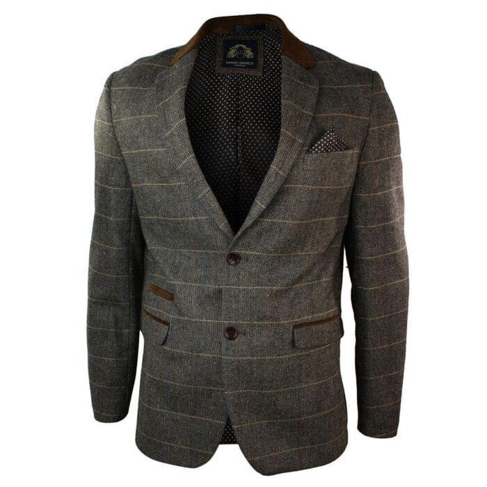 Giacca blazer aderente in tweed a spina di pesce vintage a quadri da uomo, marrone chiaro - Knighthood Store