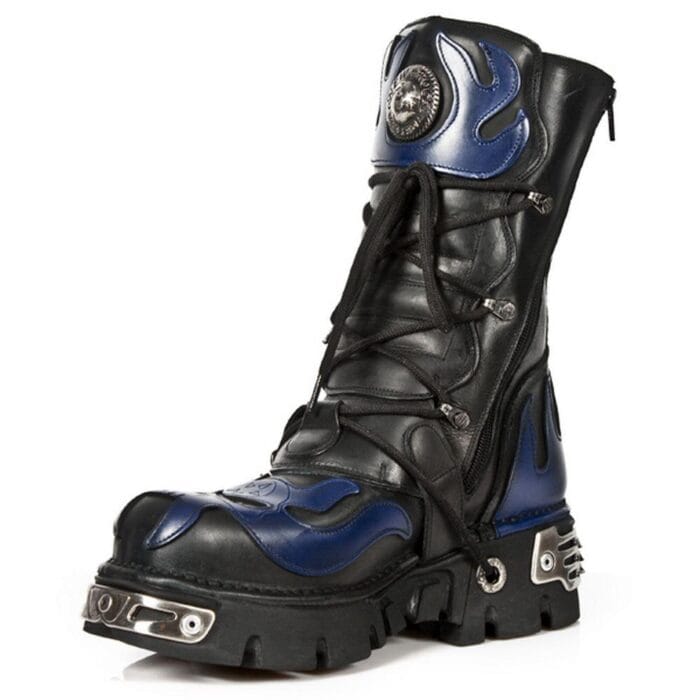 Botas unisex NEW ROCK 107-C5 de piel negra y azul con diseño de calavera y diablo, estilo gótico, punk y motero - Knighthood Store