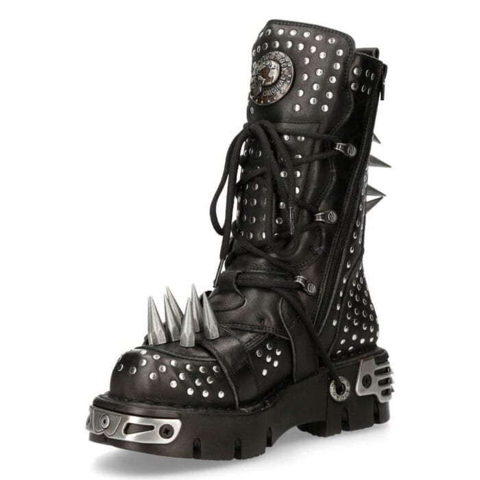 New Rock 1535-S1 Schwarze Militärstiefel aus Leder mit Metallspikes und Schnallen, Punk, EMO - Knighthood Store