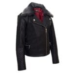 Chaqueta de motociclista de cuero auténtico para niñas y niños, con cremallera cruzada y cuello de piel negra, de 1 a 13 años - Knighthood Store