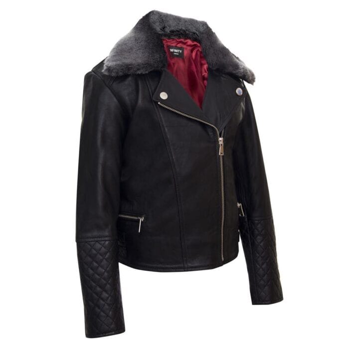 Chaqueta de motociclista de cuero auténtico para niñas y niños, con cremallera cruzada y cuello de piel negra, de 1 a 13 años - Knighthood Store